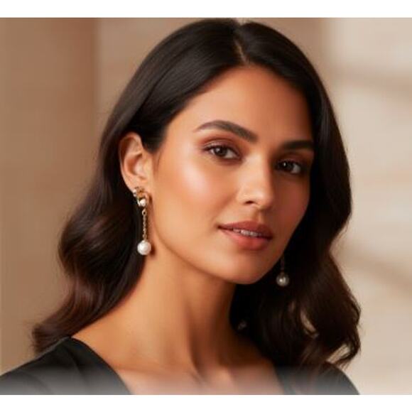 Banana Republic Women's Dainty Pearl Shiny Gold Hoop Drop Earrings NWT 58 - Picture 1 of 5